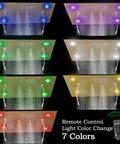 24 X 32 LED Dual Head Ceiling Mount Shower System With Thermostatic Valve showing color-changing LED lights and water flow.