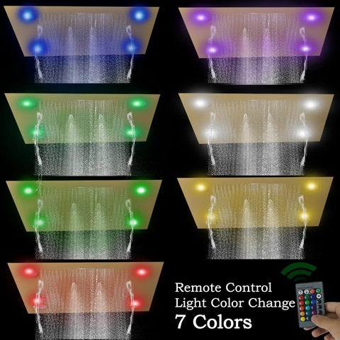 24 X 32 LED Dual Head Ceiling Mount Shower System With Thermostatic Valve showing color-changing LED lights and water flow.