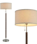 LED Floor Lamp With Walnut Wood Finish And Drum Shade Mid Century Modern Style For Living Room Office And Bedroom Decor Tall Standing Lamp