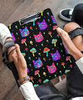 Trippy Eyes Print Plastic Clipboard With Low Profile Clip Acrylic Workhorse Desk Clip For A4 And Letter Size Papers Sturdy Writing Surface Smooth Glide Go To Desk Clip For Studying And Office Use, black acrylic clipboard with colorful cat and mushroom print
