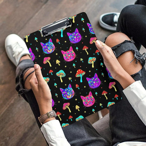 Trippy Eyes Print Plastic Clipboard With Low Profile Clip Acrylic Workhorse Desk Clip For A4 And Letter Size Papers Sturdy Writing Surface Smooth Glide Go To Desk Clip For Studying And Office Use, black acrylic clipboard with colorful cat and mushroom print