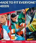 Healthcare professionals including EMTs, paramedics, and first responders in uniform working in various emergency settings.