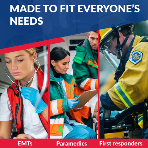 Healthcare professionals including EMTs, paramedics, and first responders in uniform working in various emergency settings.