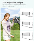 Woman adjusting 10 Ft Badminton Net With Height Adjustable Poles And Clear Height Marks For Badminton Tennis Beach Volleyball And Pickleball Foldable Nylon Net Portable Indoor Outdoor Court Setup With Carry Bag Black outdoors.
