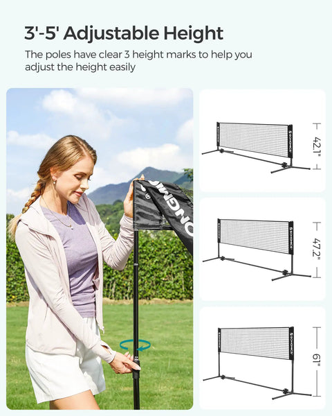 Woman adjusting 10 Ft Badminton Net With Height Adjustable Poles And Clear Height Marks For Badminton Tennis Beach Volleyball And Pickleball Foldable Nylon Net Portable Indoor Outdoor Court Setup With Carry Bag Black outdoors.