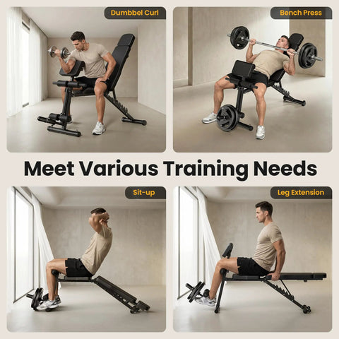 Adjustable Weight Bench For Home Gym With Foldable Frame And Wheels Leg Extension And Curl 770 Lbs Capacity, multi-position use