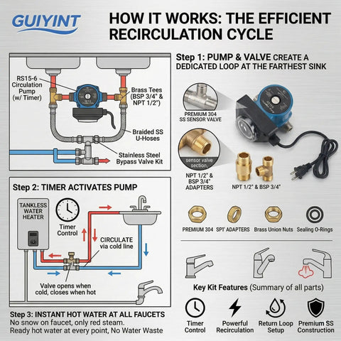 Under Sink Hot Water Recirculating Pump With Timer And 304 Stainless Steel Bypass Valve installation diagram detailing components and setup.