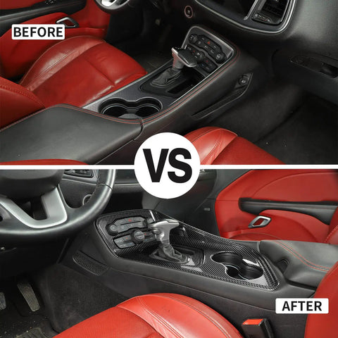 Slick ABS Carbon Fiber Gear Shift Lever Panel Trim Fits 2015-2025 Dodge Challenger Console Shifter Cover Before and After Comparison