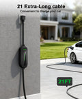 Level 1 And 2 Portable EV Charger For All EVs 16 Amp 110V To 240V 21 Ft Cable NEMA 6-20P Plug NEMA 5-15 Adapter J1772 Electric Vehicle Charging for PHEV and EV road trip ready home friendly installed outdoors with 21 ft cable and car connected.