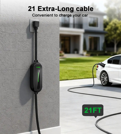 Level 1 And 2 Portable EV Charger For All EVs 16 Amp 110V To 240V 21 Ft Cable NEMA 6-20P Plug NEMA 5-15 Adapter J1772 Electric Vehicle Charging for PHEV and EV road trip ready home friendly installed outdoors with 21 ft cable and car connected.