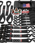 Beefed Up Heavy Duty Motorcycle Tie Down Straps Kit 1.5 Inch Wide By 8 Feet With Soft Loops 4400 Pound Break Strength Locking Ratchet