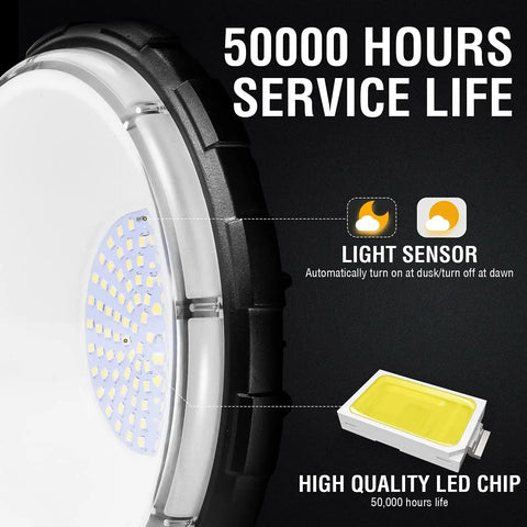 Close-up of Two Pack 100W LED Barn Light with light sensor and chip, 50000 hours service life, IP65 Waterproof Outdoor Security Flood Lamp.