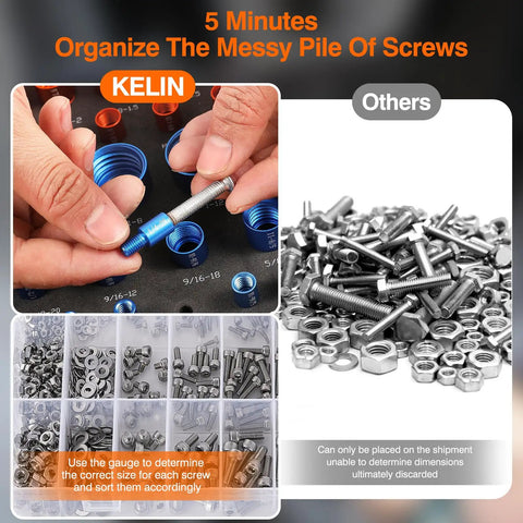 Hands using 64-Piece Nut And Bolt Thread Checker Kit With 30 Standard And 34 Metric Gauges, Detachable Bolt Size Finder, Precision Thread Gauge.