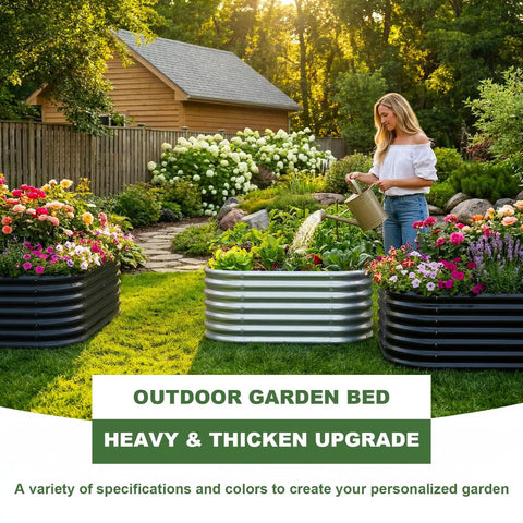 Woman watering plants in Galvanized Oval Raised Garden Bed 4 By 2 By 2 Ft Outdoor Planter Boxes for vegetables, flowers, two pack