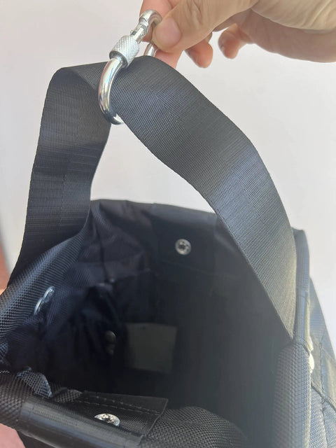 Beefed Up Heavy Duty Chain Container Bag For 2 Ton Manual Hoist, showing nylon fiber handle and interior, black.