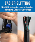 Hands using Cable Saber Workhorse Mid Span Armored Cable Slit And Ring Tool on thick cable, showing blade cutting depth.