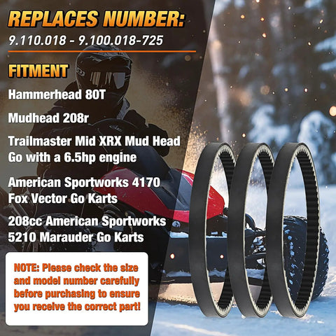 Go Kart Drive Belt 30 Series Replacement 9.100.018-725 3 Pack with fitment details for Hammerhead 80T, Mudhead 208R, XRX Mud Head