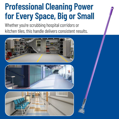 Purple 60 Inch Fiberglass Dust Mop Handle With Clip On Jaw Clamp Connector next to cleaning area examples in commercial settings