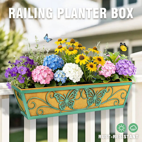 Two Pack 24 Inch Window Boxes Planter With Adjustable Brackets For Porch Deck Balcony Railing Hanging Butterfly Decorative Pattern Flower Baskets And Non Woven Fabric Liner For Outdoor Plants Green
