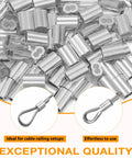 100 Pack Aluminum Hourglass Crimping Loop Sleeves For 3/32 Inch Wire Rope Mechanical Cable Fittings close-up of silver crimp sleeves.