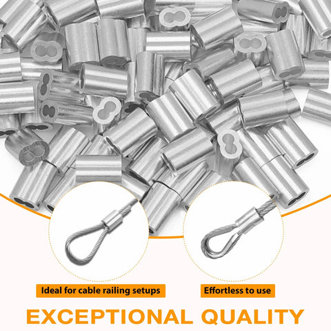 100 Pack Aluminum Hourglass Crimping Loop Sleeves For 3/32 Inch Wire Rope Mechanical Cable Fittings close-up of silver crimp sleeves.