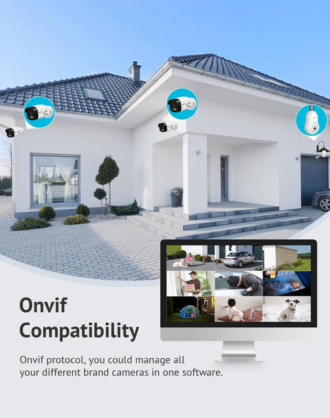 Display of house with 2K Outdoor Security Camera With Color Night Vision, 3MP Wired Network Camera, IP65 Weatherproof, Onvif compatibility.
