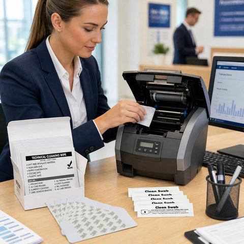 Top Shelf Printer Cleaning Kit For ID Card Printers Packs Four Printhead Swabs Ten Adhesive Cards And Fresh Wipes in use at office