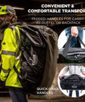 Man carrying Arsenal 5030L Large Tarpaulin Water Resistant Duffel Bag with removable shoulder straps in black, worn as backpack