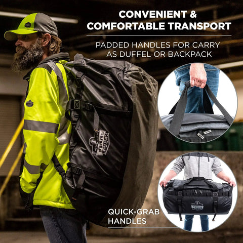 Man carrying Arsenal 5030L Large Tarpaulin Water Resistant Duffel Bag with removable shoulder straps in black, worn as backpack