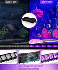 Four Pack 40W Blacklight Bar LED Flood Lights Waterproof IP66 with plug switch and 6ft cord for glowing aquarium effect.