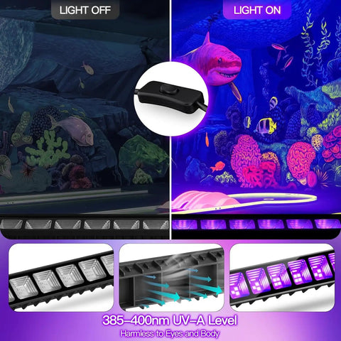 Four Pack 40W Blacklight Bar LED Flood Lights Waterproof IP66 with plug switch and 6ft cord for glowing aquarium effect.
