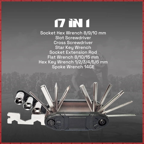 17-in-1 multitool from Beginner Friendly Ride Ready Bike Tool Kit With Frame Bag 120 Psi Mini Pump 17 In 1 Multitool 10 In 1 Hex Wrench