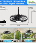 Outdoor Hanging Ceiling Fan With Light And App Remote, 20 Inch Black Caged Fan For Gazebo, Patio, Porch, Pergola, IP65 Waterproof, Plug In, Reversible DC Motor displayed in high and low ceiling settings