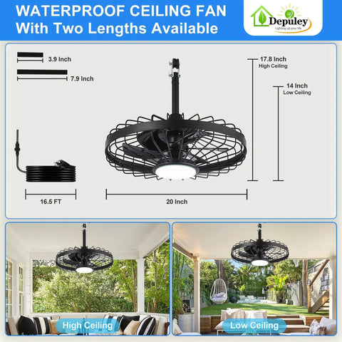 Outdoor Hanging Ceiling Fan With Light And App Remote, 20 Inch Black Caged Fan For Gazebo, Patio, Porch, Pergola, IP65 Waterproof, Plug In, Reversible DC Motor displayed in high and low ceiling settings
