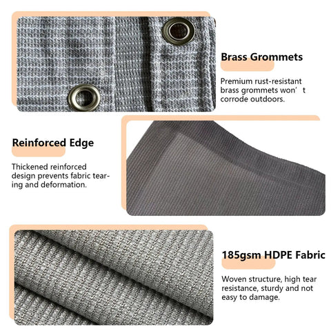 Close-up of 90 Percent Sun Shade Cloth For Outdoor Deck Backyard Patio Garden Pergola Cover Canopy Gray, showing brass grommets, reinforced edges, and 185gsm HDPE fabric.