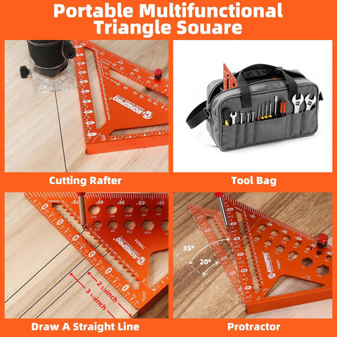 Portable Multifunctional Triangle Square featuring cutting rafter, protractor, and tool bag for precise measuring tasks.