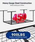 Overhead Garage Storage Rack 72 Inch Long By 36 Inch Wide By 40 Inch High Adjustable Ceiling Mount Heavy Duty Black Shelf Holds Up To 450 Pounds Double Tested Up To 900 Lbs Classic Series heavy-gauge steel construction visualization with 450 lbs capacity indicated.