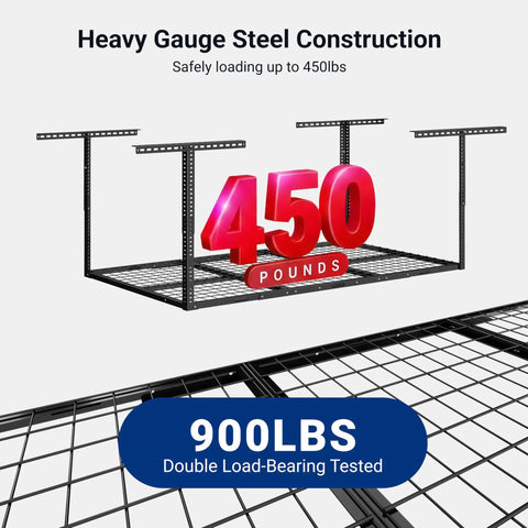 Overhead Garage Storage Rack 72 Inch Long By 36 Inch Wide By 40 Inch High Adjustable Ceiling Mount Heavy Duty Black Shelf Holds Up To 450 Pounds Double Tested Up To 900 Lbs Classic Series heavy-gauge steel construction visualization with 450 lbs capacity indicated.