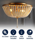 Allison 3 Light LED Flush Mount Ceiling Light With Wood Beaded Shade in Antique Gold, rustic chic decor vibe, LED bulbs included
