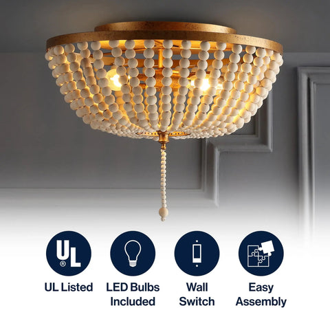 Allison 3 Light LED Flush Mount Ceiling Light With Wood Beaded Shade in Antique Gold, rustic chic decor vibe, LED bulbs included