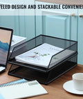 Twofer Pack Black Metal Letter Trays Set For Desk Organization on wooden desk with laptop and coffee cup