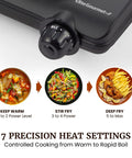 Roadready Electric Hot Plate Featuring Slick Cast Iron Cooking Surface Seven Speed Heat Dials showing 7 precision heat settings for cooking.