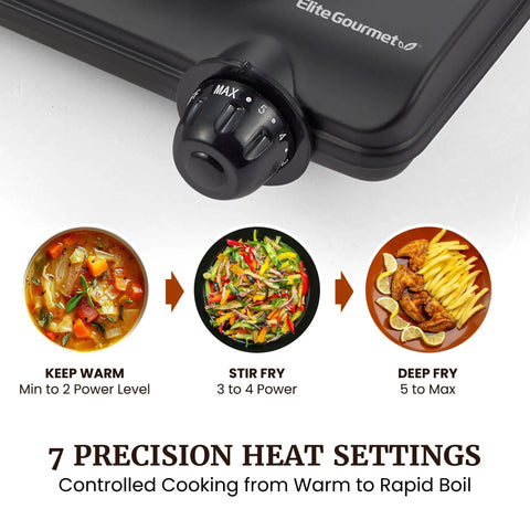 Roadready Electric Hot Plate Featuring Slick Cast Iron Cooking Surface Seven Speed Heat Dials showing 7 precision heat settings for cooking.