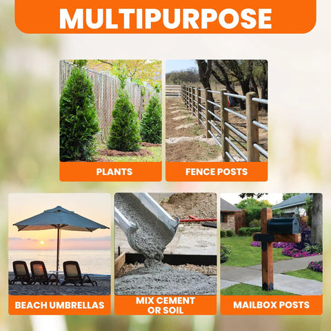 Multipurpose use of 6 Inch Wide By 32 Inch Deep Electric Post Hole Digger With Universal Handle shown for plants, fence, umbrellas, and mailboxes.