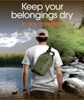 Person by a river carrying a Roll Top Waterproof Dry Bag For Kayak Gear And Boat Essentials That Keeps Your Phone Safe In A Waterproof Case