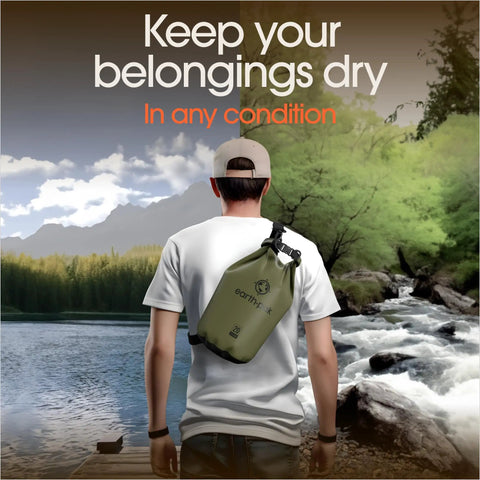 Person by a river carrying a Roll Top Waterproof Dry Bag For Kayak Gear And Boat Essentials That Keeps Your Phone Safe In A Waterproof Case