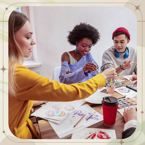 Group creating badges using 320 Pcs Badge Protective Film 85mm 3.35 Inch With 8 Styles Holographic Glitter. DIY supplies visible.