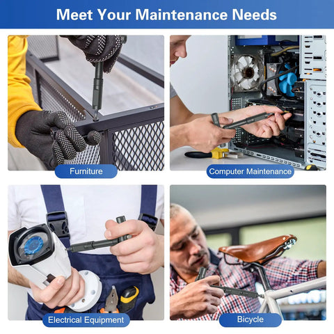42 In 1 Magnetic Screwdriver Set With Detachable Ratchet Handle in use for furniture, computer, electrical equipment, and bicycle repairs.