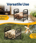 Bear Pattern Firewood Rack 16.5 Inch Wrought Iron Log Holder indoors and outdoors with decorative bear design.