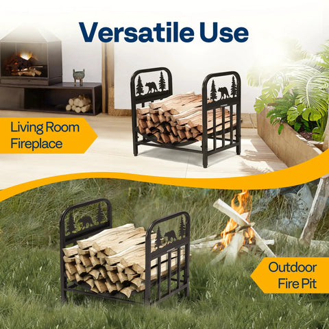 Bear Pattern Firewood Rack 16.5 Inch Wrought Iron Log Holder indoors and outdoors with decorative bear design.